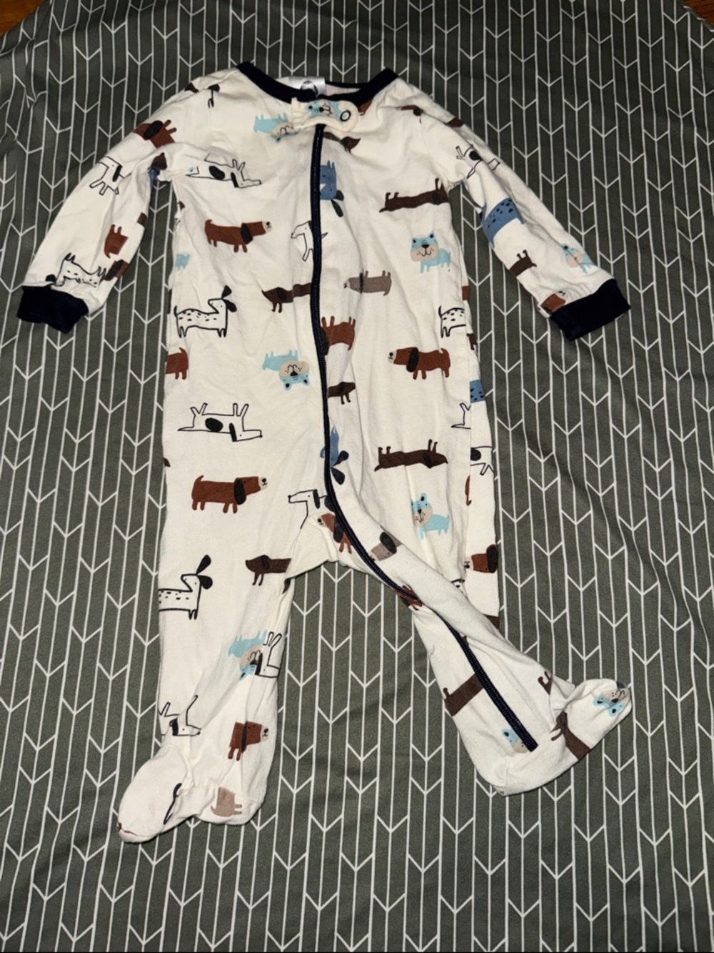 Gerber White Footed One-Piece with Navy Trim and Puppy Pattern